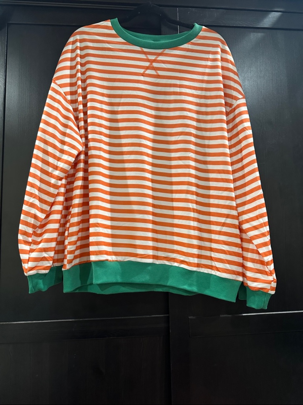 Orange & White Striped Crewneck with Green Trim